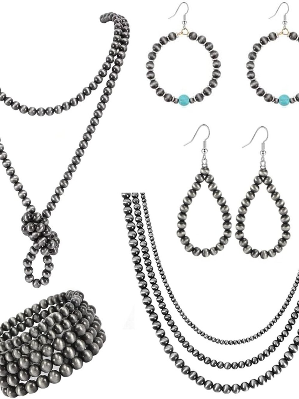 5Pcs Western Jewelry Navajo Pearl Necklace Earring Bracelet Set for Women Wester